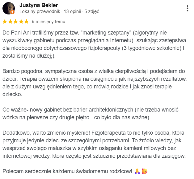 Opinia klienta o fizjoterapii Oh Baby